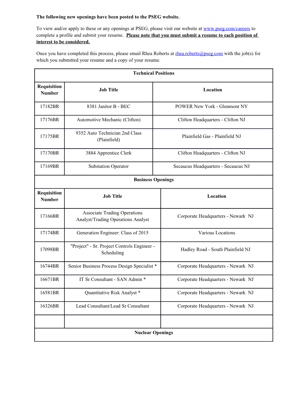 The Following New Openings Have Been Posted to the PSEG Website