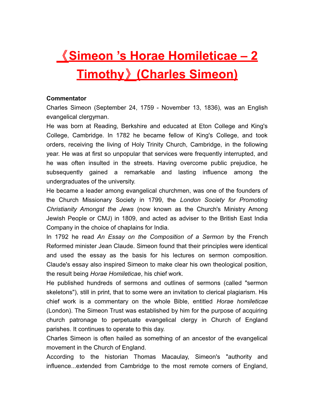 Simeon S Horae Homileticae 2 Timothy (Charles Simeon)