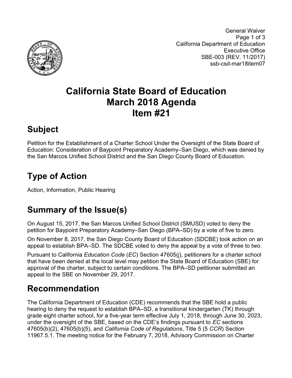 March 2018 Agenda Item 21 - Meeting Agendas (CA State Board of Education)