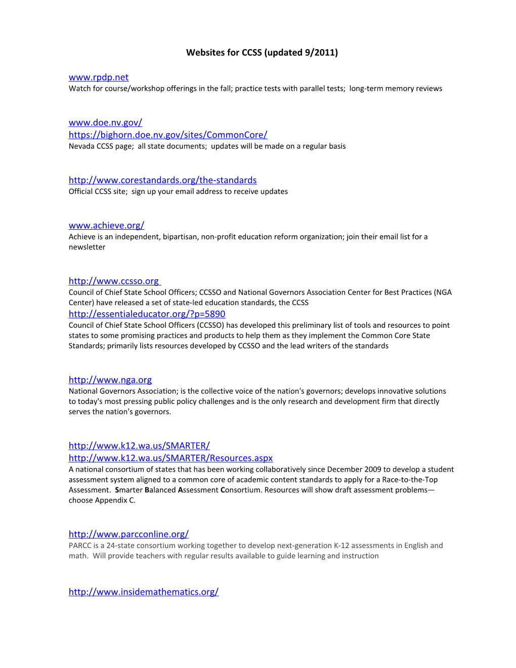 Websites for CCSS (Updated 9/2011)
