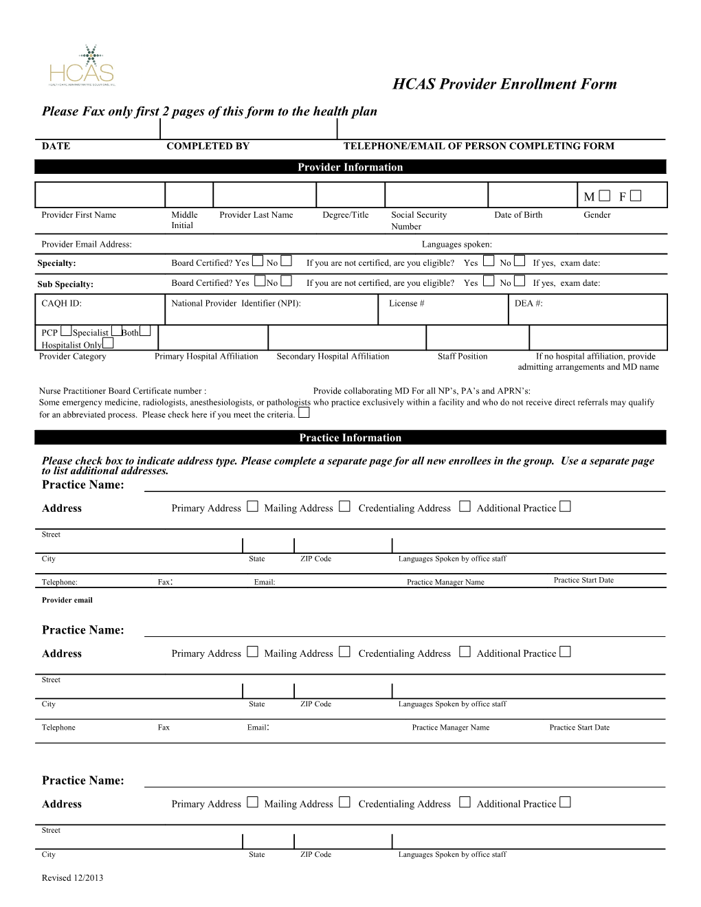 HCAS Provider Enrollment Form s1