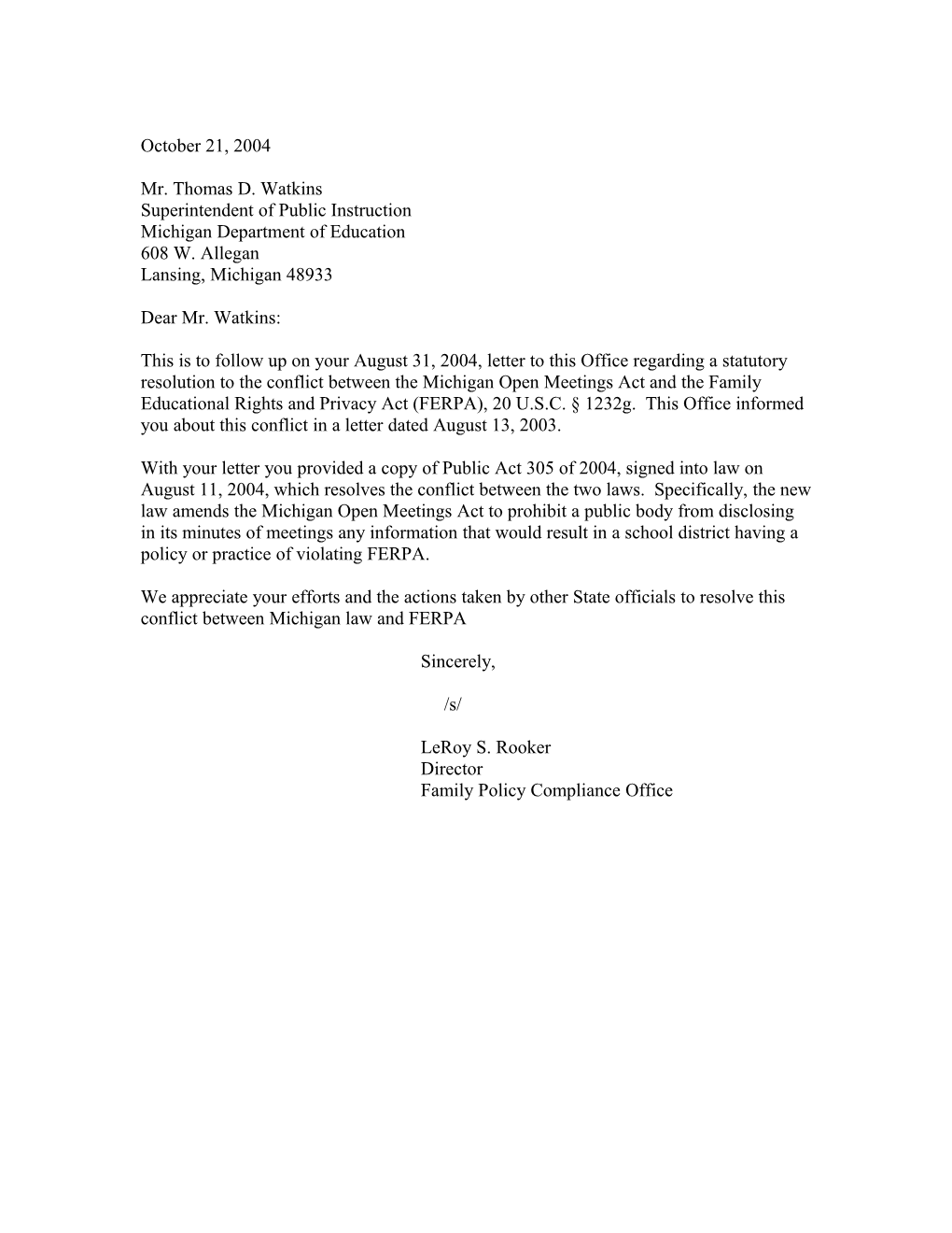 Letters to Michigan Department of Education Re: Open Meetings Act (MS Word)