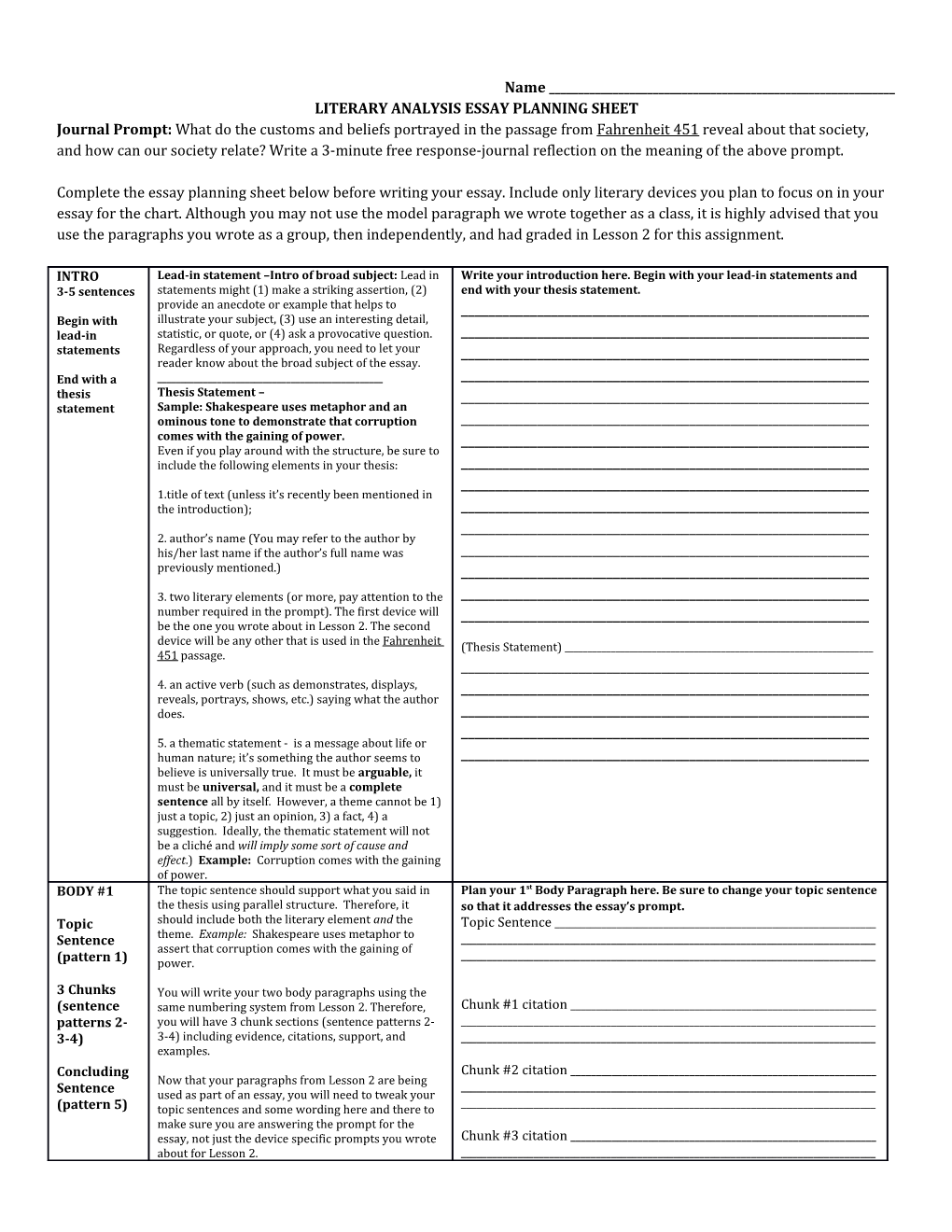 Literary Analysis Essay Planning Sheet