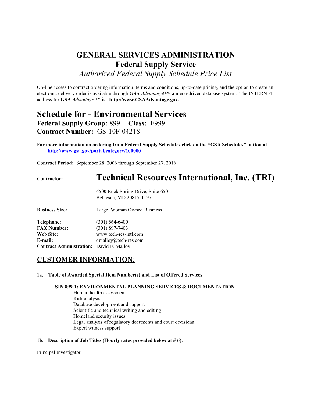TRI GSA Env Services Price List