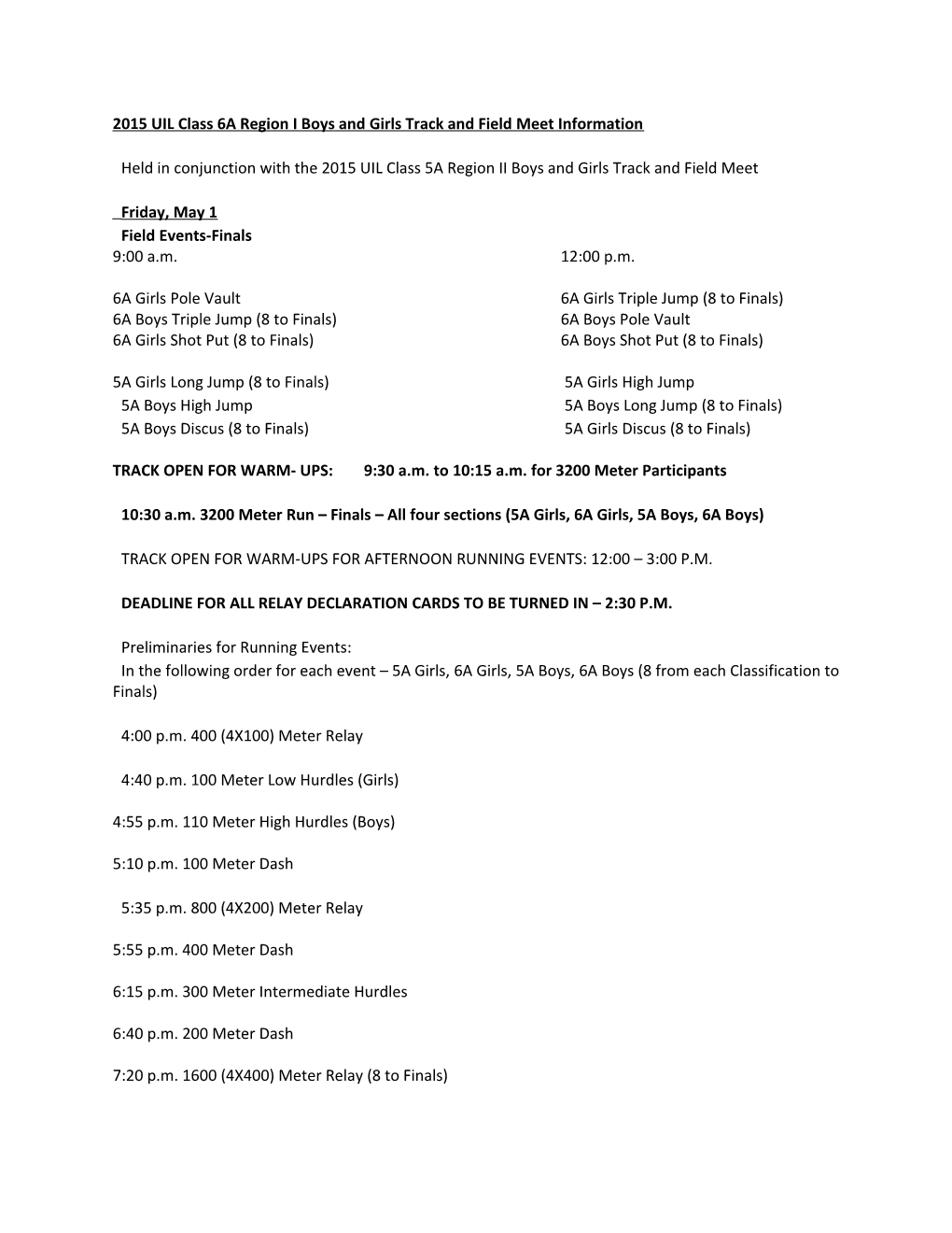2015 UIL Class 6A Region I Boys and Girls Track and Field Meet Information