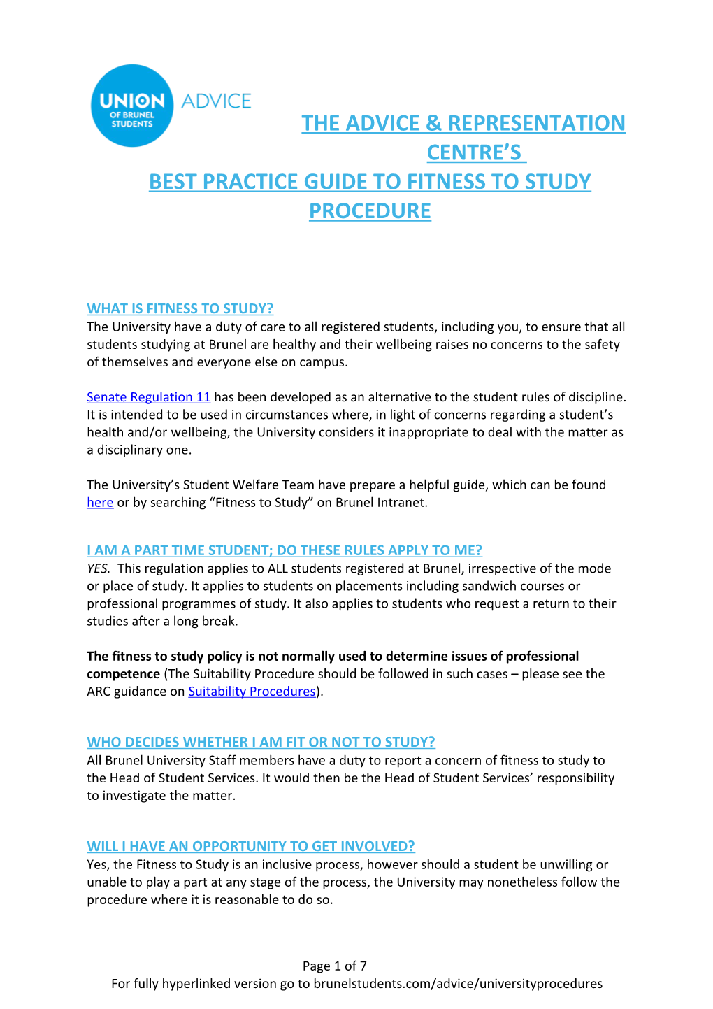 The Advice & Representation Centre Sbest Practice Guide to Fitness to Study Procedure