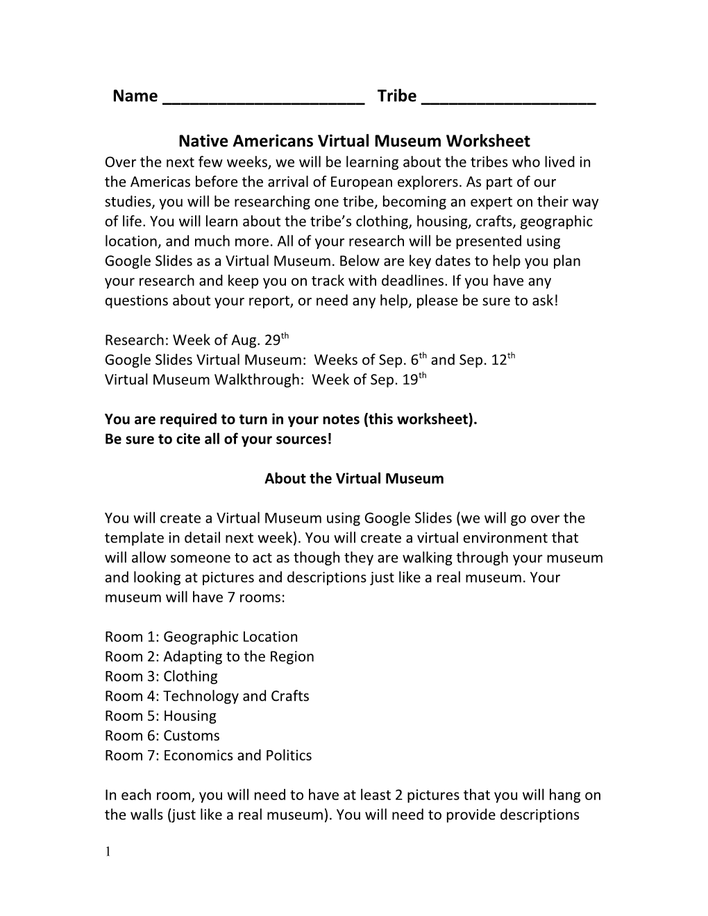 Native Americans Virtual Museum Worksheet