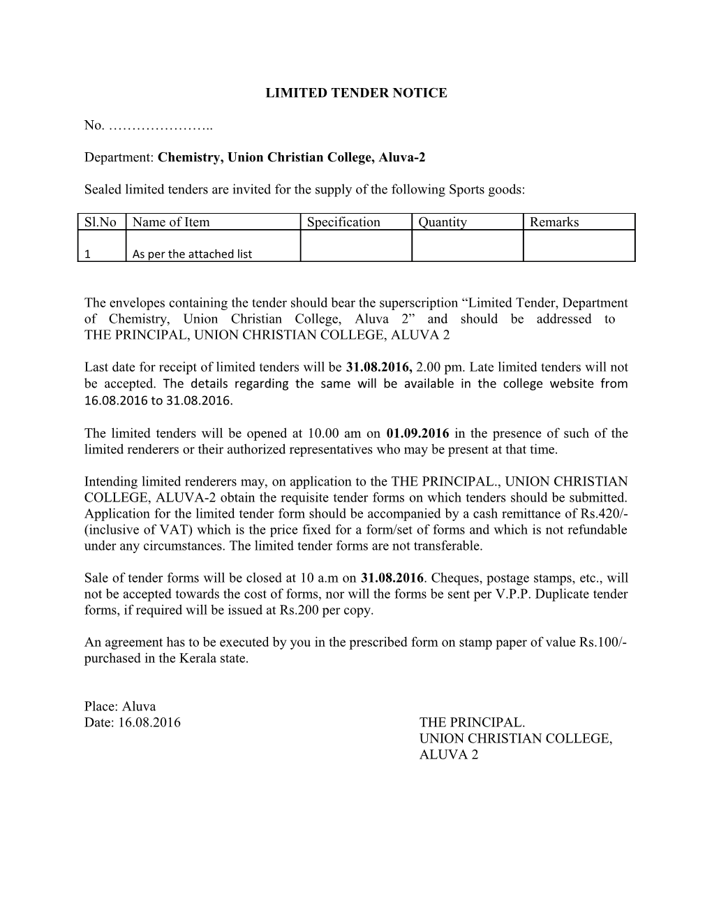 Limited Tender Notice