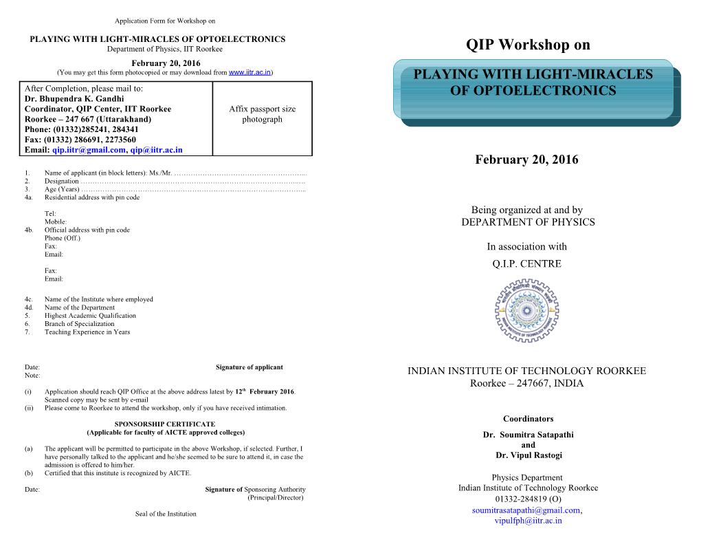 Application Form for Workshop On