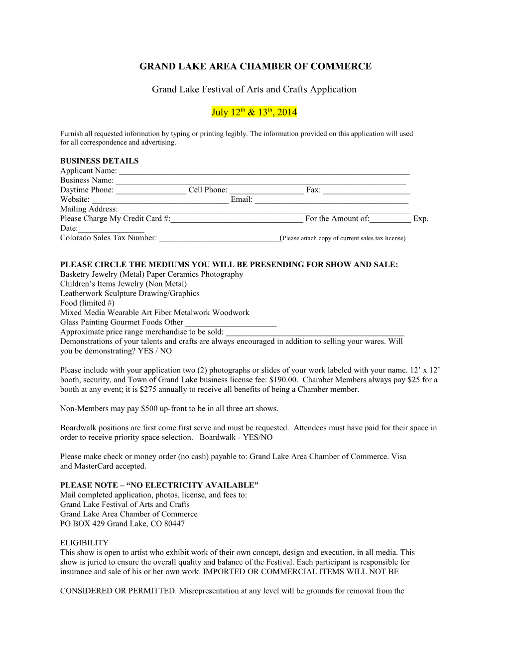 Grand Lake Festival of Arts and Crafts Application