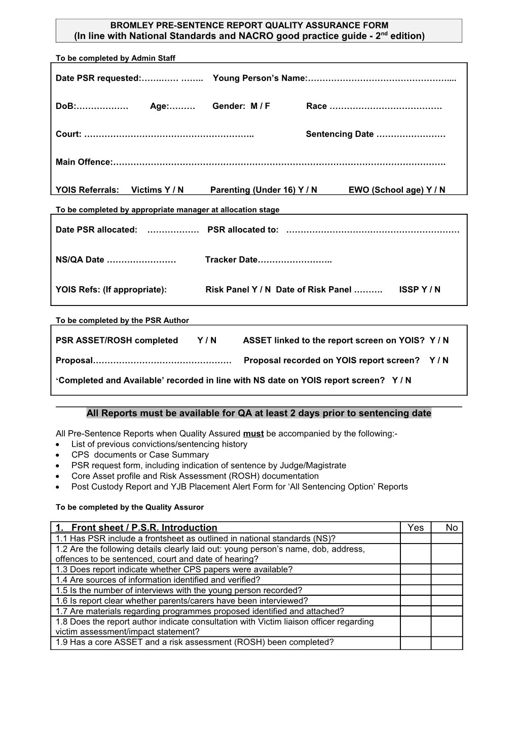 Pre-Sentence Report Quality Assurance Form