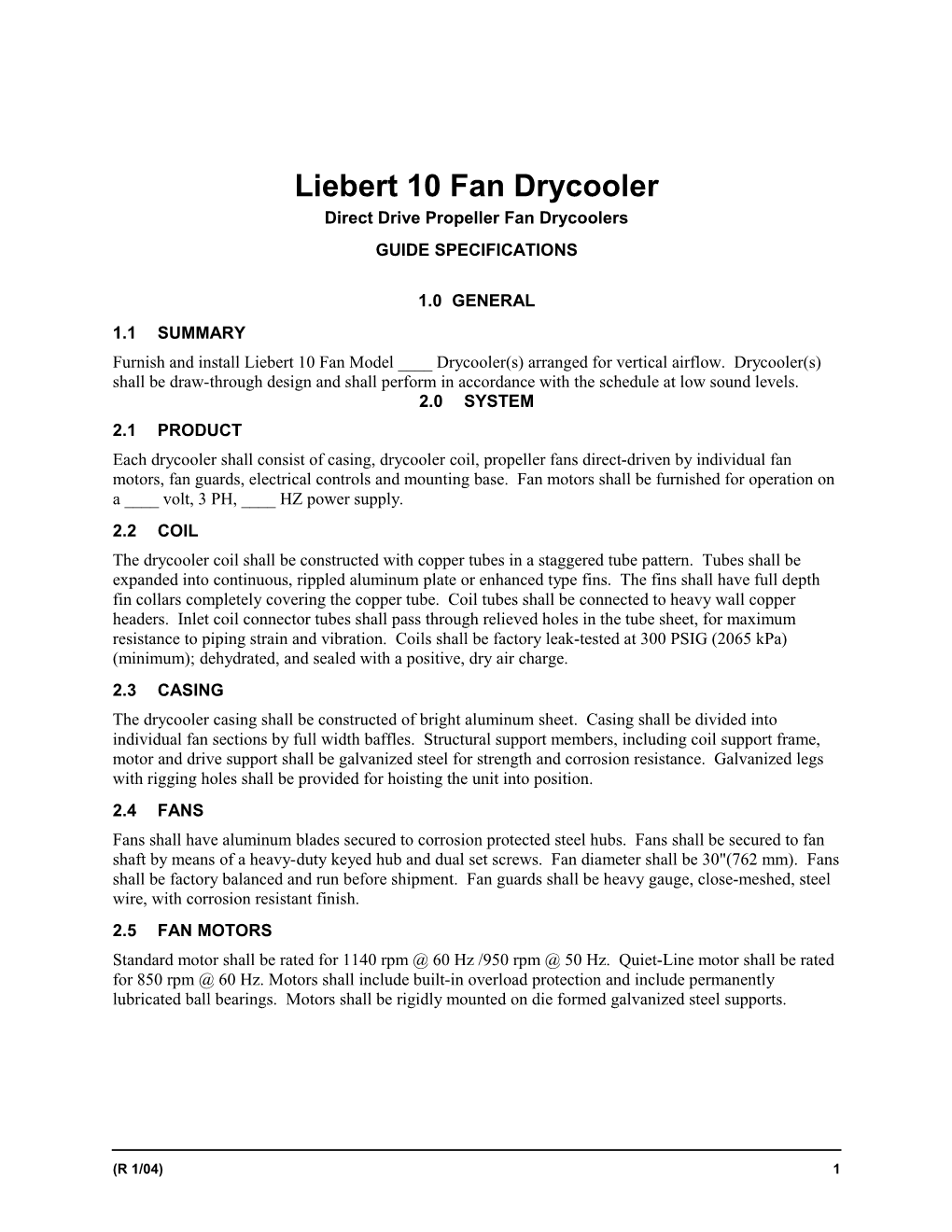 Liebert 10-Fan Drycooler Guide Specification