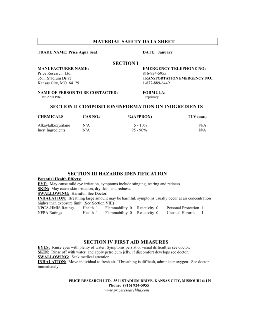 Material Safety Data Sheet s152