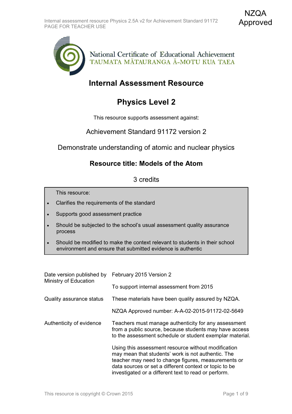 Level 2 Physics Internal Assessment Resource