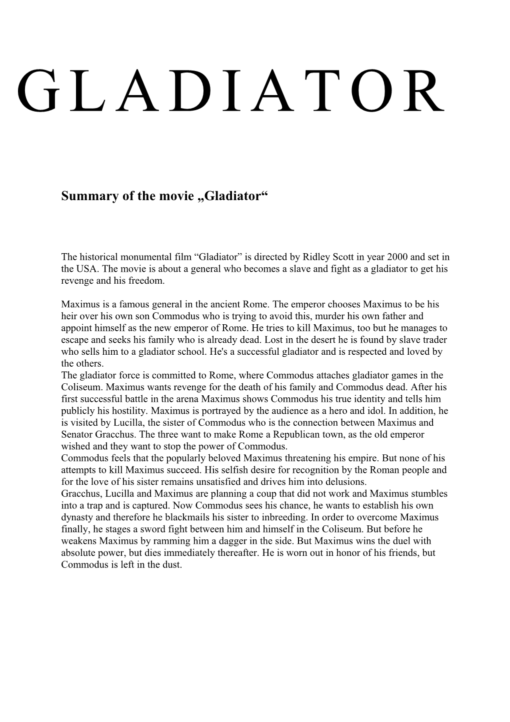 Summary of the Movie Gladiator