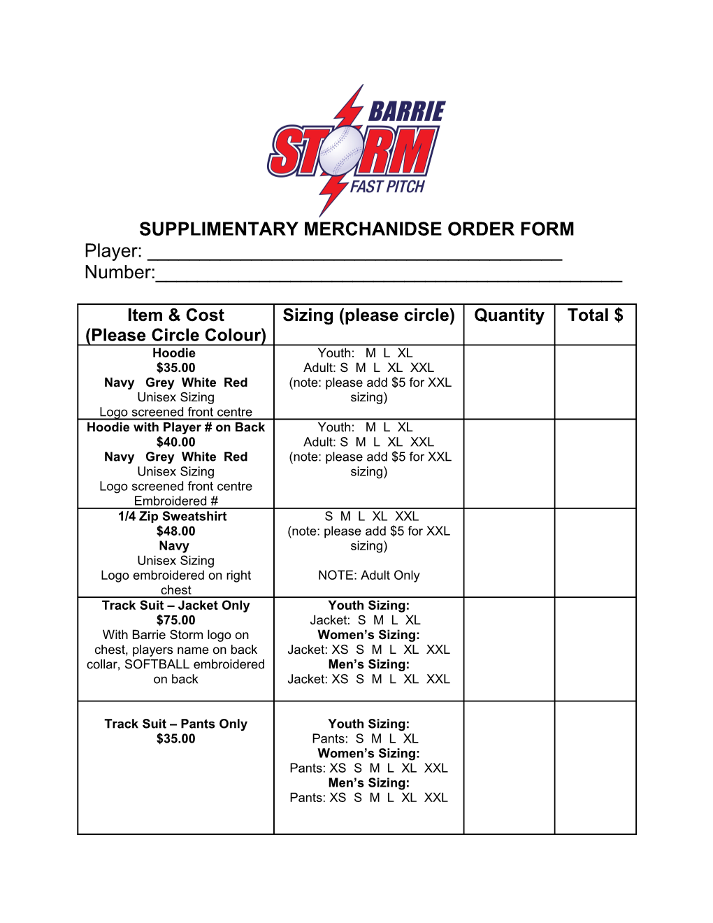 Supplimentary Merchanidse Order Form