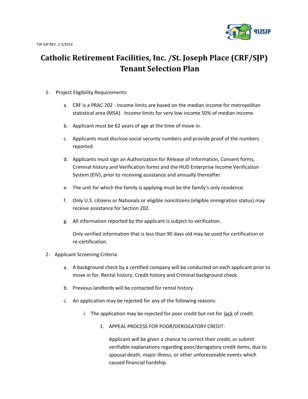 Catholic Retirement Facilities, Inc. /St. Joseph Place (CRF/SJP) Tenant Selection Plan