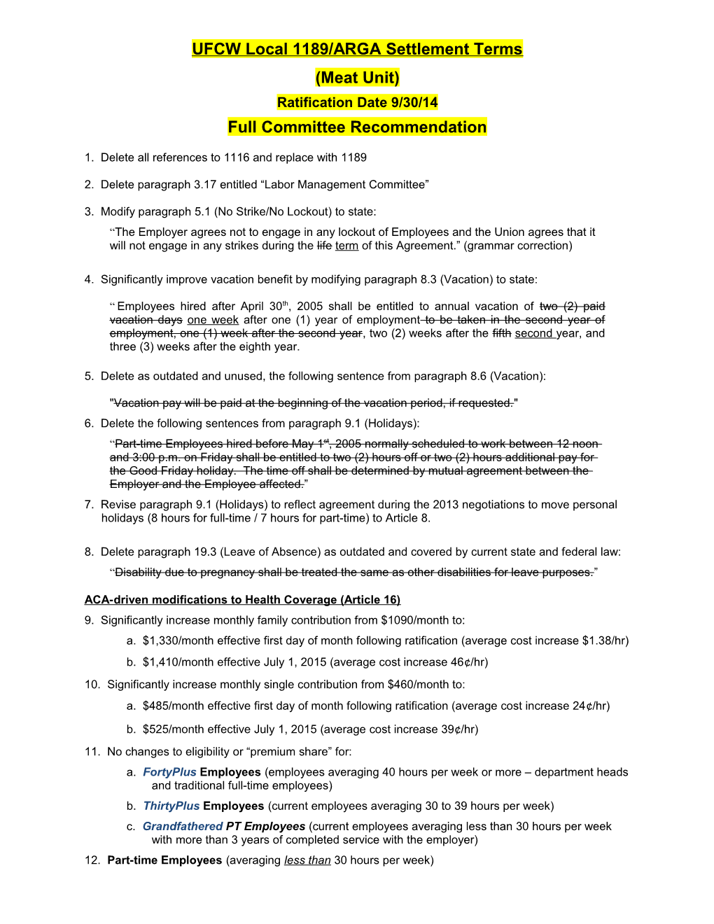 UFCW Local 1189/ARGA Settlement Terms