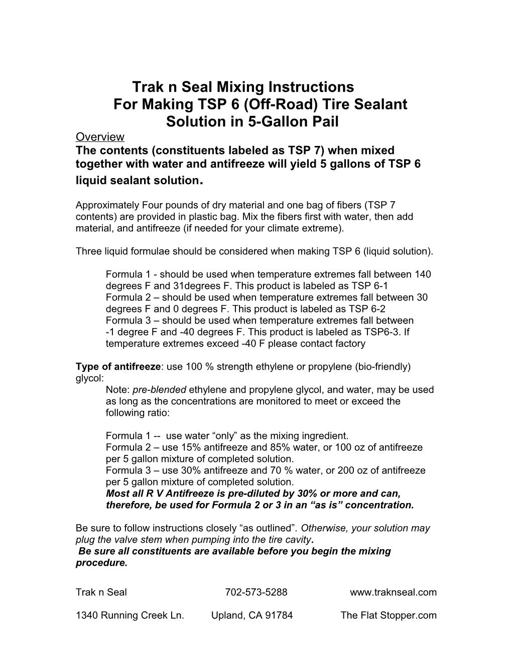 Trak N Seal Mixing Instructions for TSP 6 Dry Material