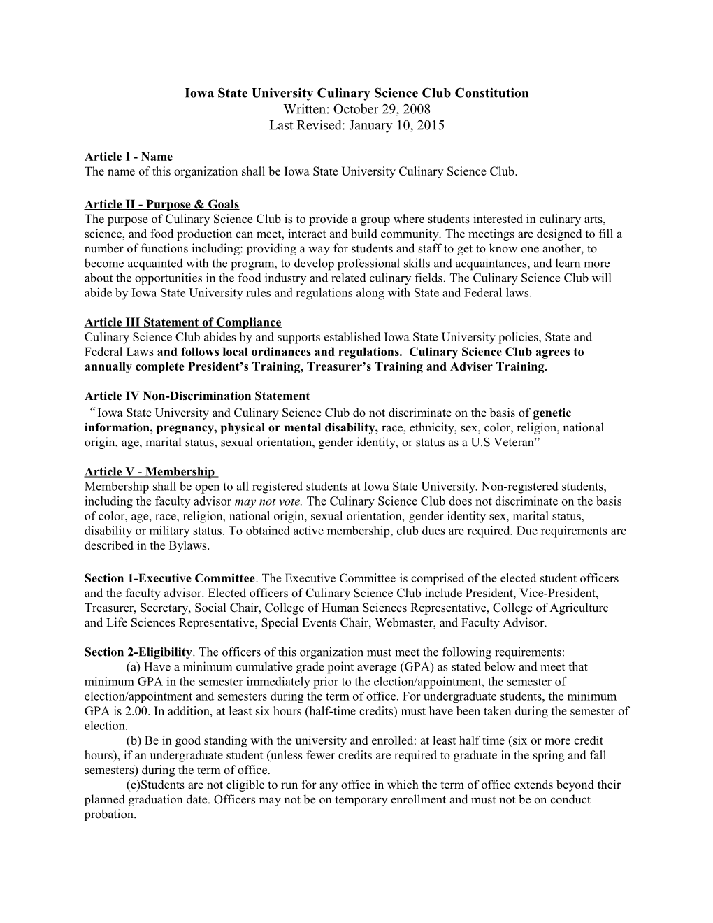 Iowa State University Culinary Science Club Constitution