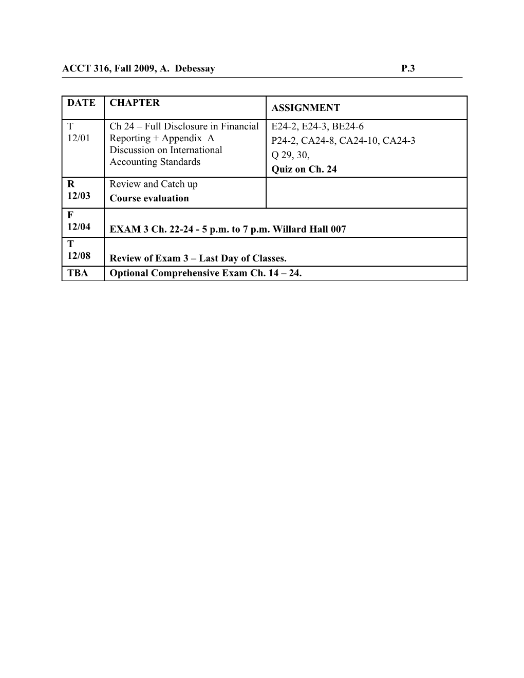 2009 Fall - A. Debessay, Assignment Schedule