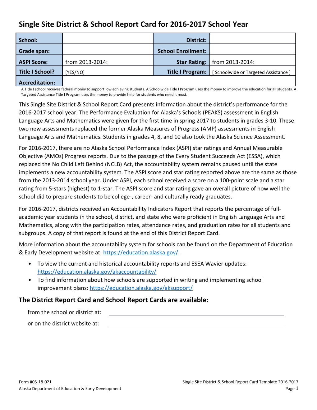 Single Site District & School Report Card for 2016-2017 School Year