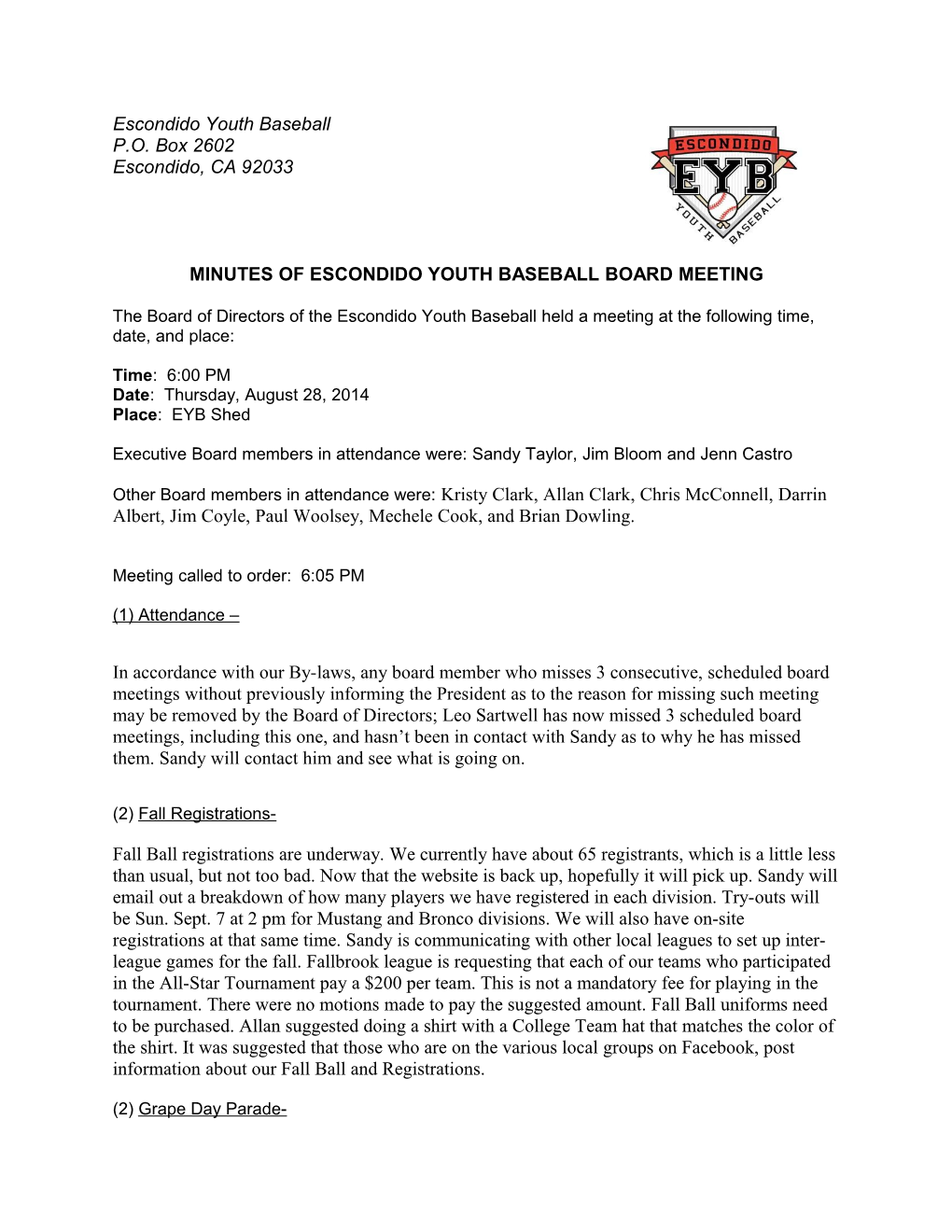 Minutes of Escondido Youth Baseball Board Meeting