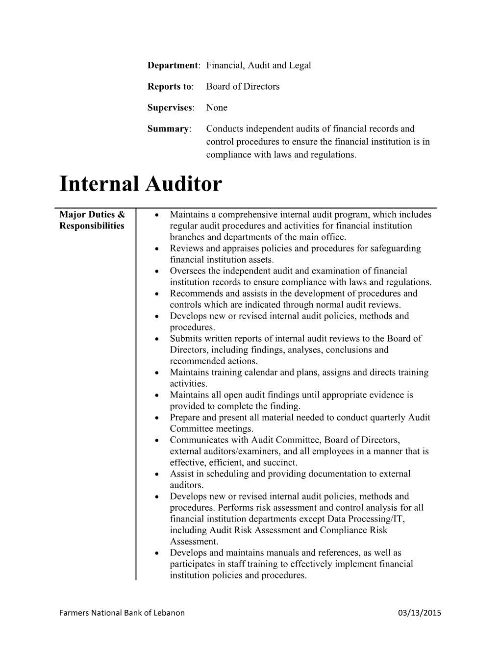 Department: Financial, Audit and Legal