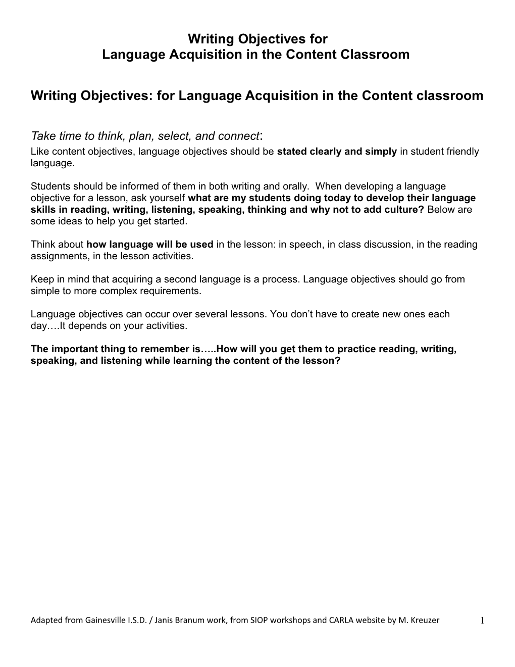 Writing Language Objectives for English Acquisition