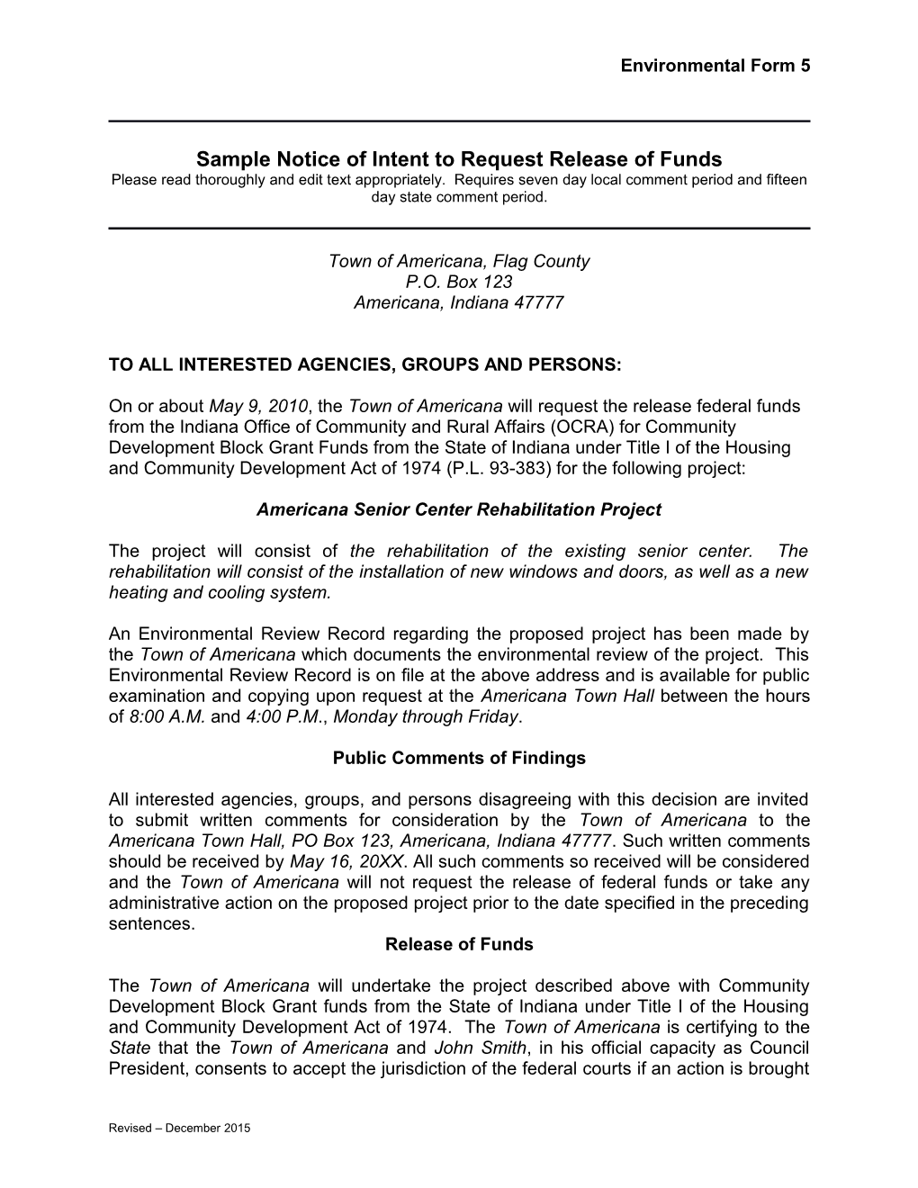 Sample Notice of Intent to Request Release of Funds