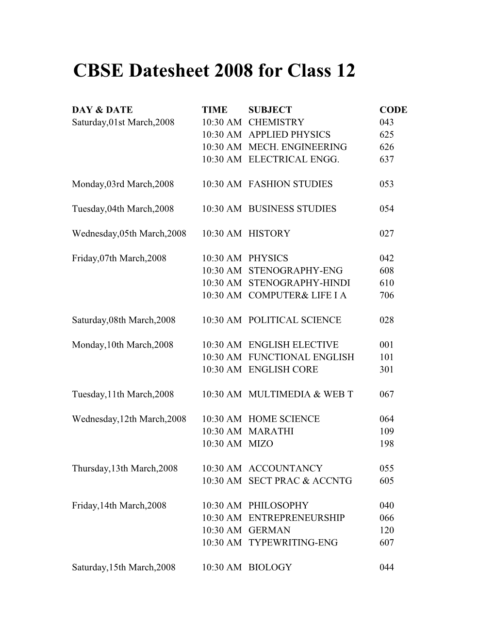 CBSE Datesheet 2008 for Class 12