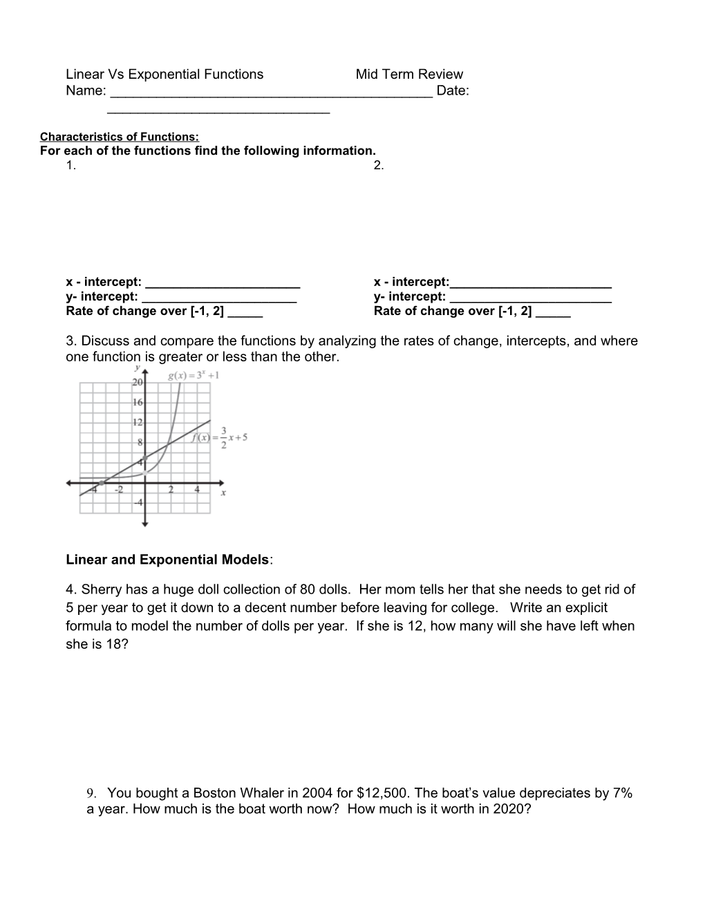 Linear Vs Exponential Functions Mid Term Review