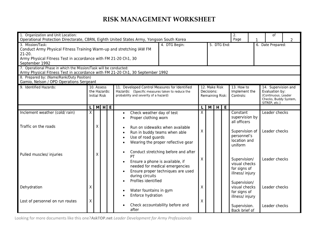 Risk Management Worksheet