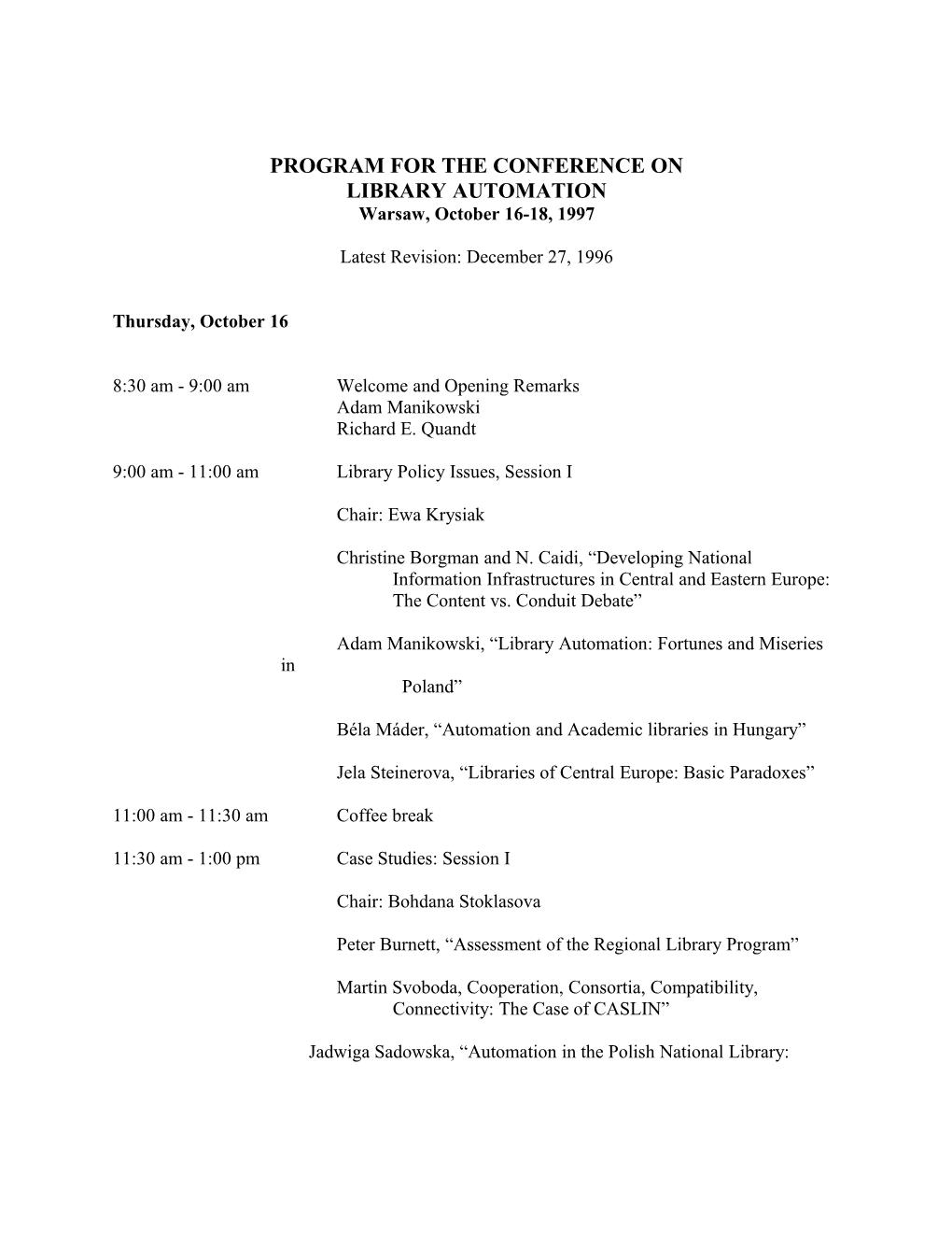 Program for the Conference On