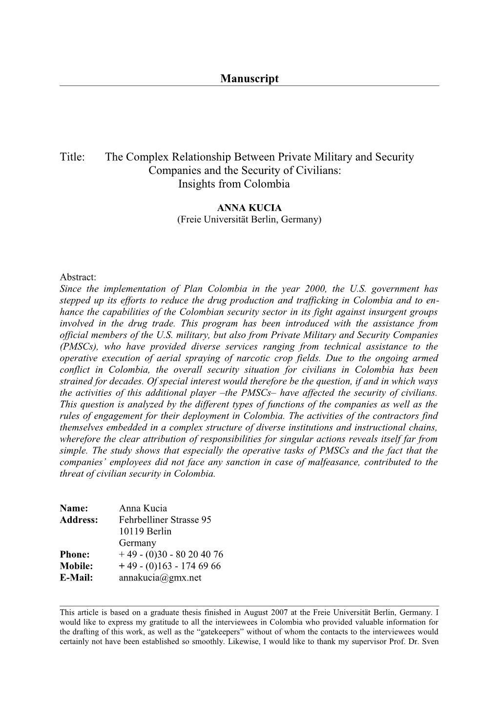 Title: the Complex Relationship Between Private Military and Security Companies and The