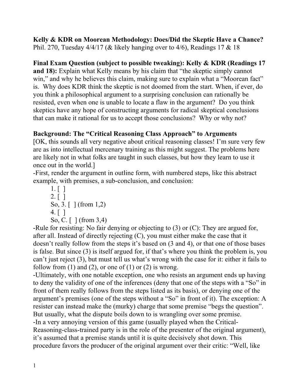 Background: the Critical Reasoning Class Approach to Arguments