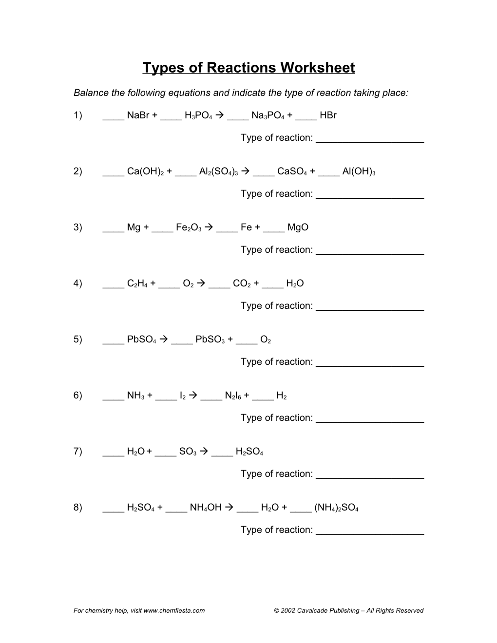 Types of Reactions Worksheet