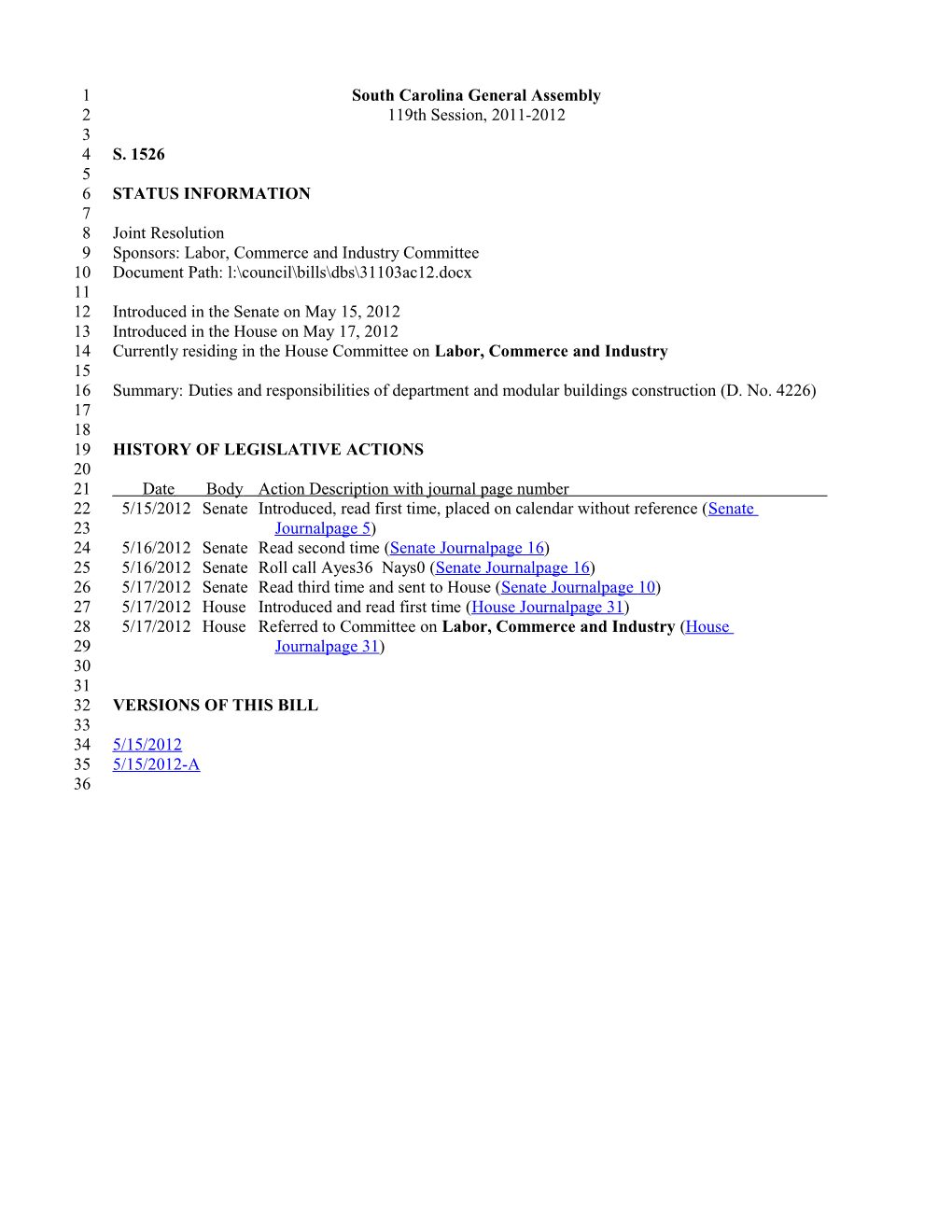 2011-2012 Bill 1526: Duties and Responsibilities of Department and Modular Buildings