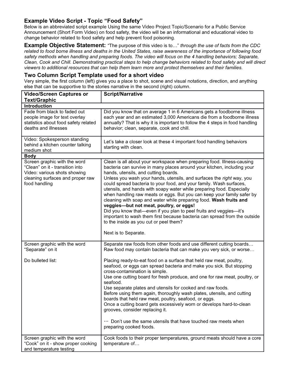 Example Video Script - Topic Food Safety Below Is an Abbreviated Script Example Using