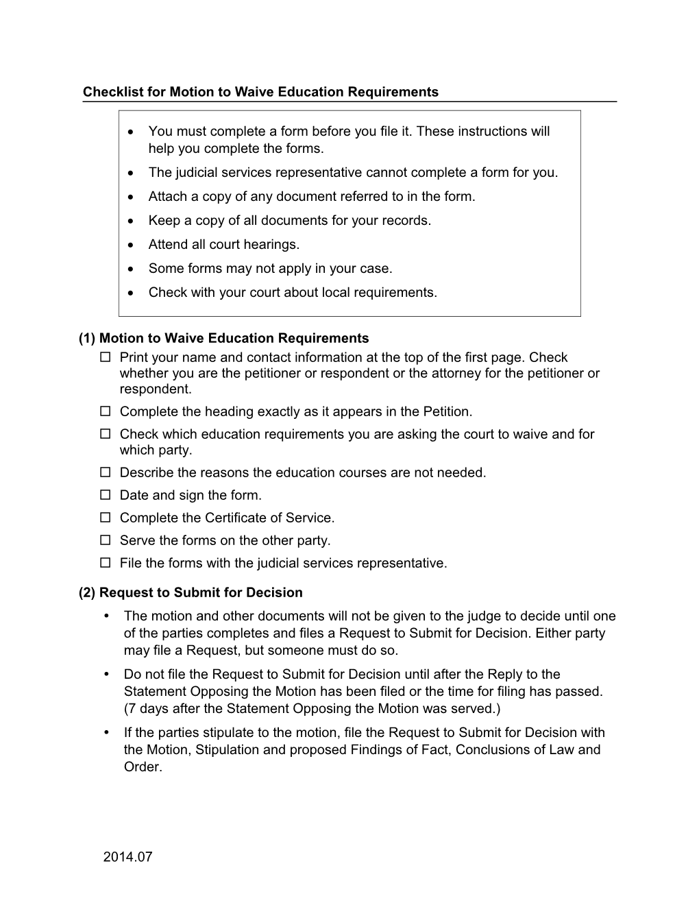 Checklist for Motion to Waive Divorce Education Requirements