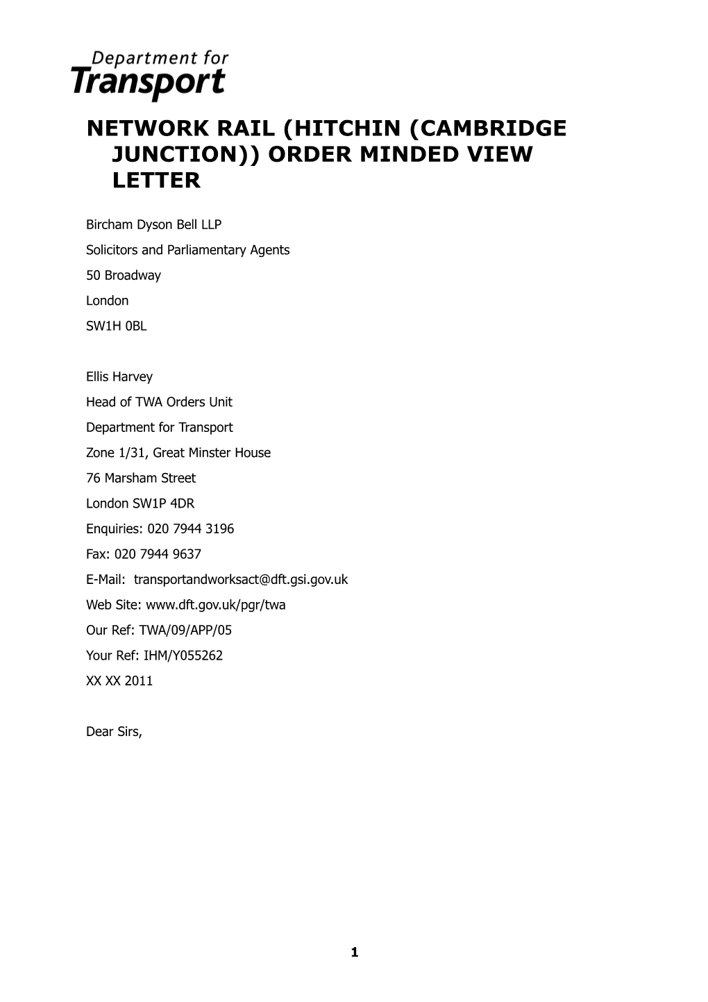 Network Rail (Hitchin (Cambridge Junction)) Order Minded View Letter