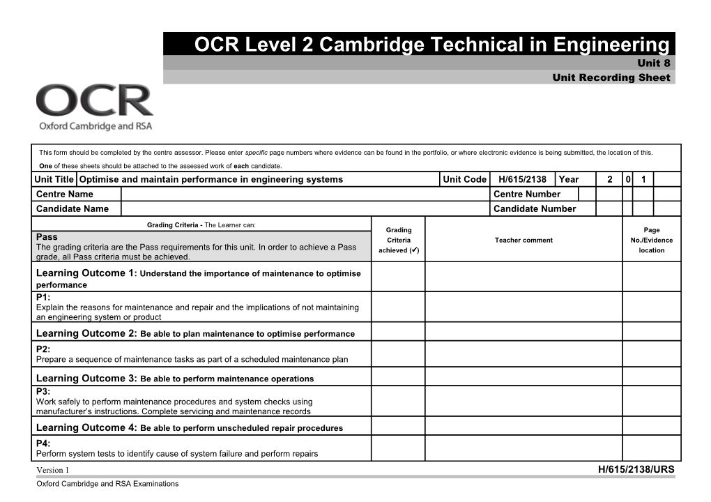 Unit 8 Optimise and Maintain Performance in Engineering