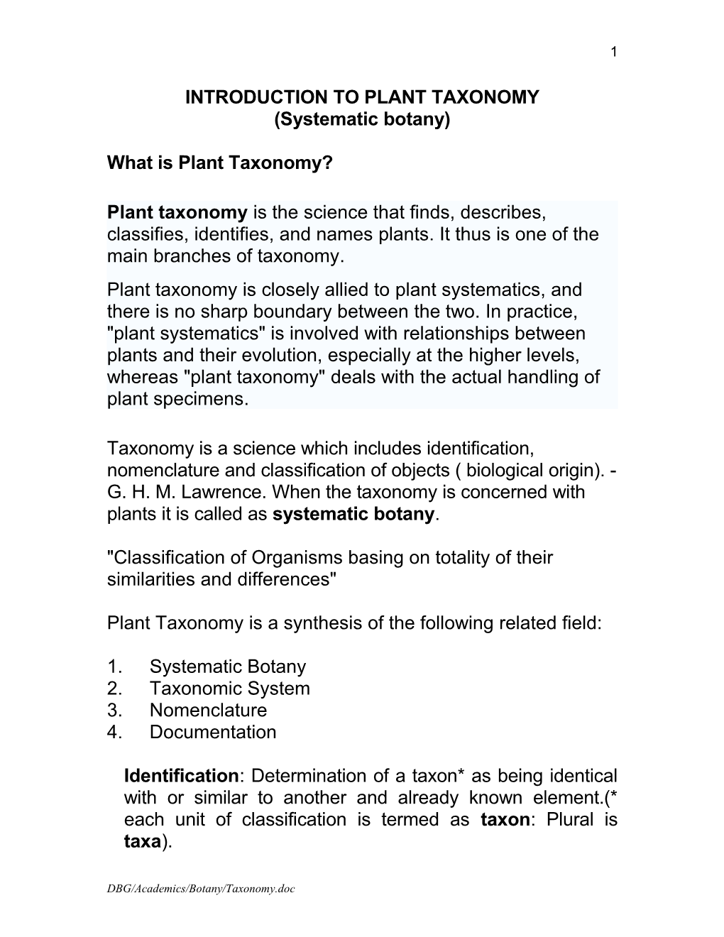 Introduction to Plant Taxonomy