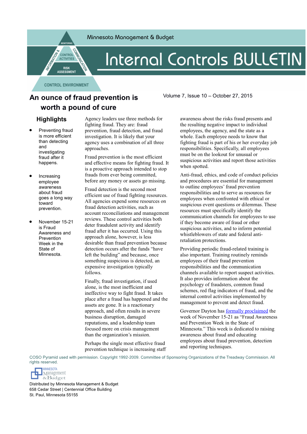 October 2015 Internal Controls Bulletin - an Ounce of Fraud Prevention Is Worth a Pound of Cure