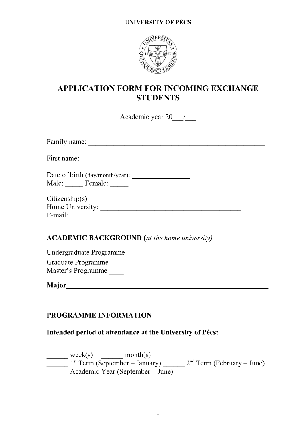 Application Form for Incoming Exchange Students