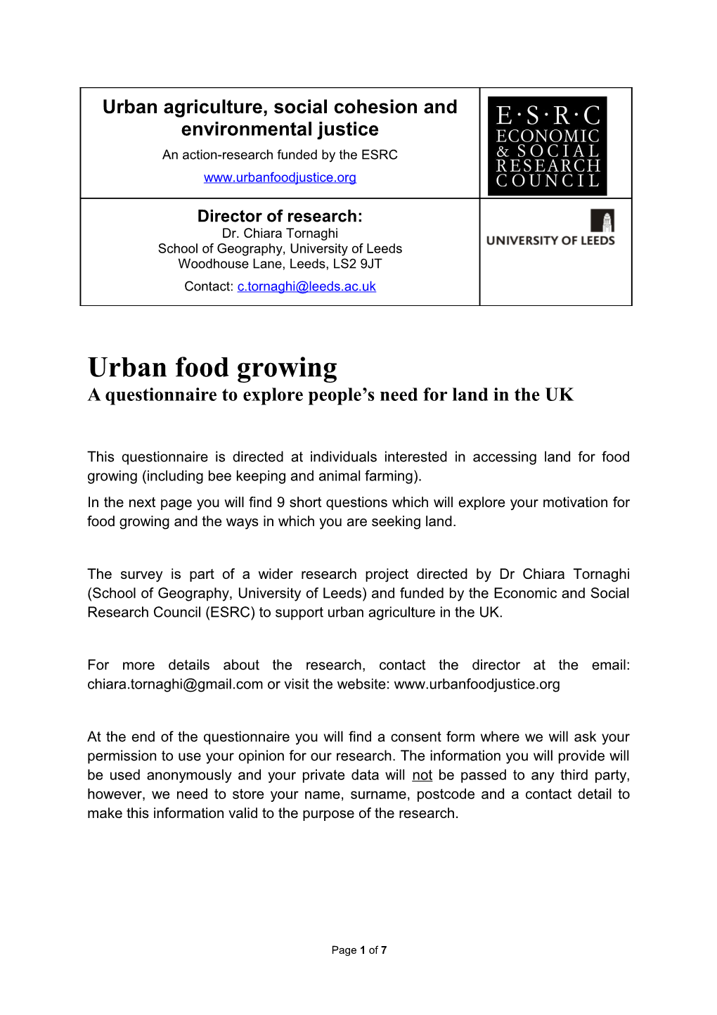 Urban Food Growing a Questionnaire to Explore People S Need for Land in the UK