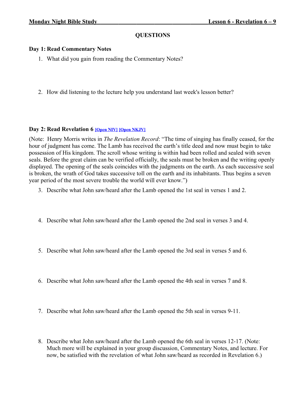 Monday Night Bible Study Lesson 6 - Revelation 6 9