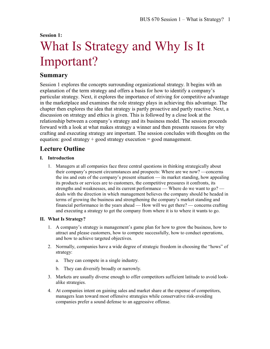 BUS 670 Session 1 What Is Strategy? 1