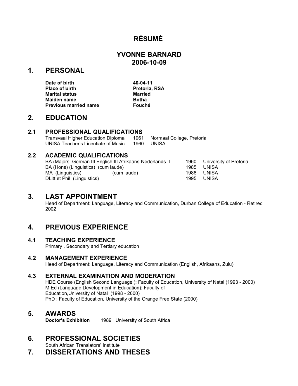 Résumé of Curriculum Vitae