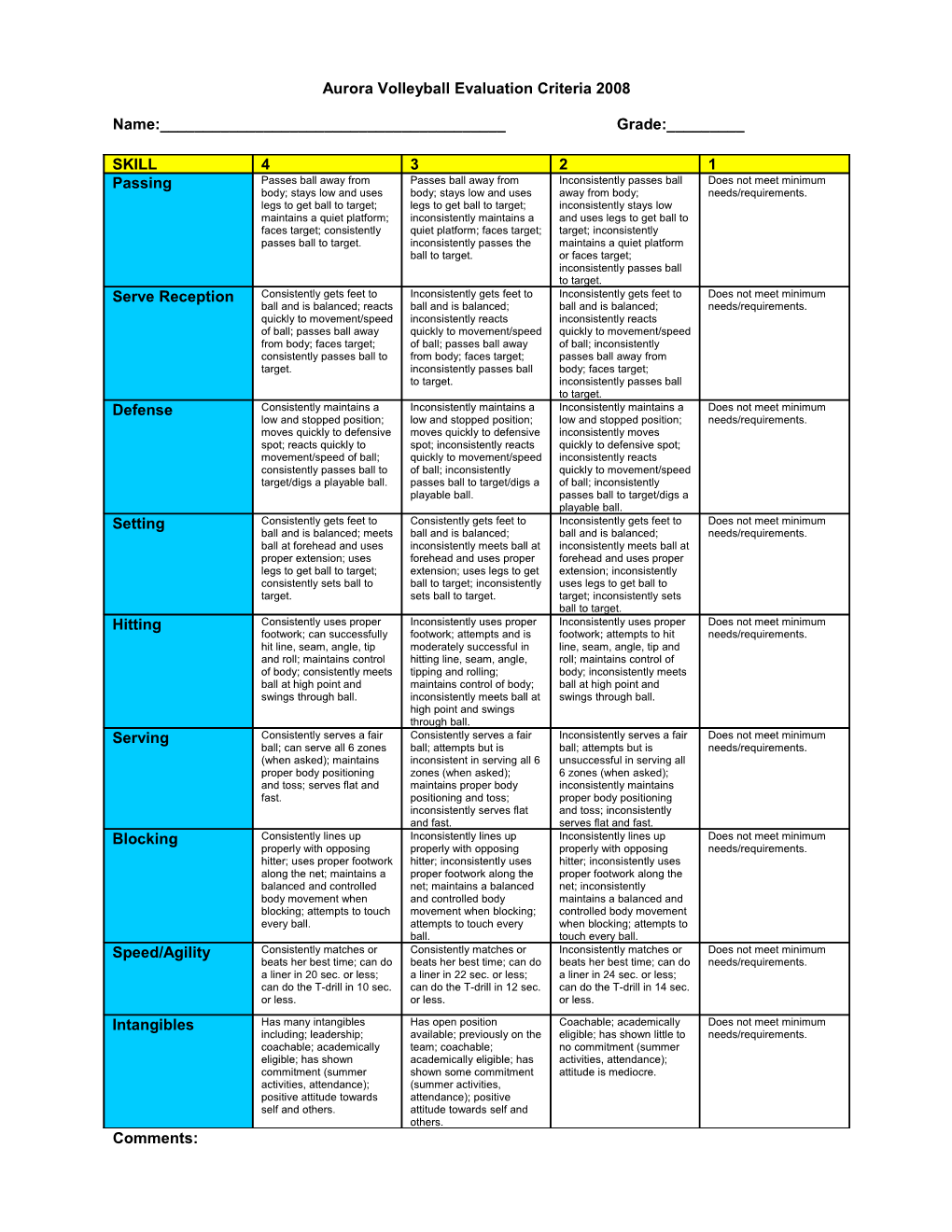 Volleyball Skills Rubric